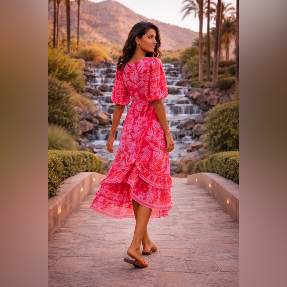 Farm Rio Jungle Scarf Wrap Midi Dress Pink Red Size XL New With Tags - Picture 3 of 11
